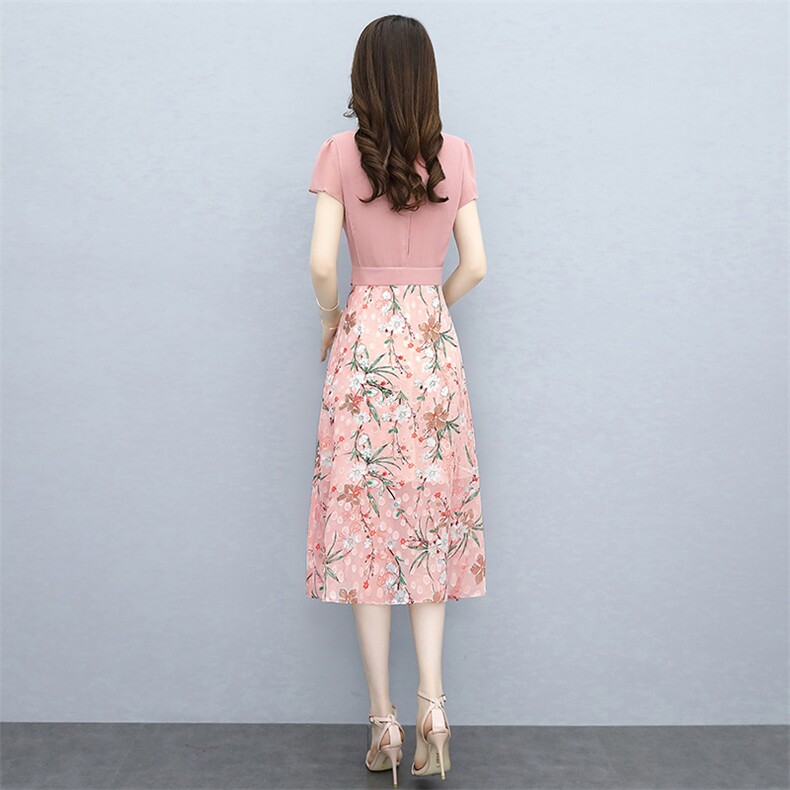 2025夏季碎花雪纺收腰假两件连衣裙女气质拼接裙子温柔长裙,女装连衣裙,牡丹诺