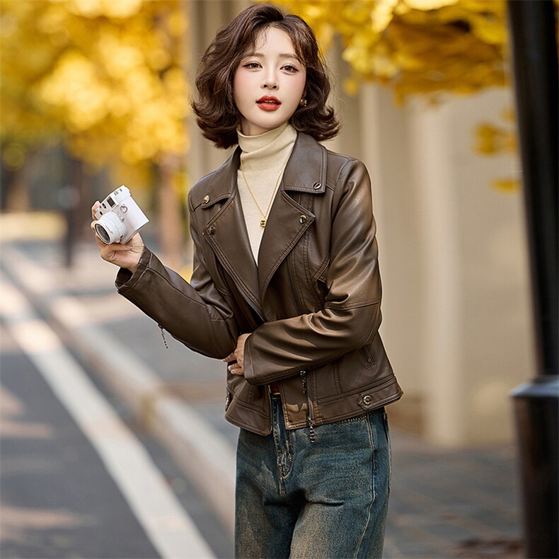 【现货主推】2024冬季新款复古高级感机车皮加绒皮衣外套,女装皮衣,魅丽静蓝
