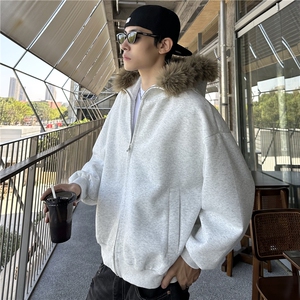 美式重磅毛领开衫卫衣男秋冬季新款潮牌宽松休闲男生连帽外套