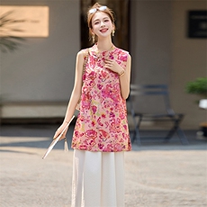 S28855田原~新中式国风无袖衬衫~炫彩印花复古立领斜襟马甲女夏，女装衬衫，恋慕依尚