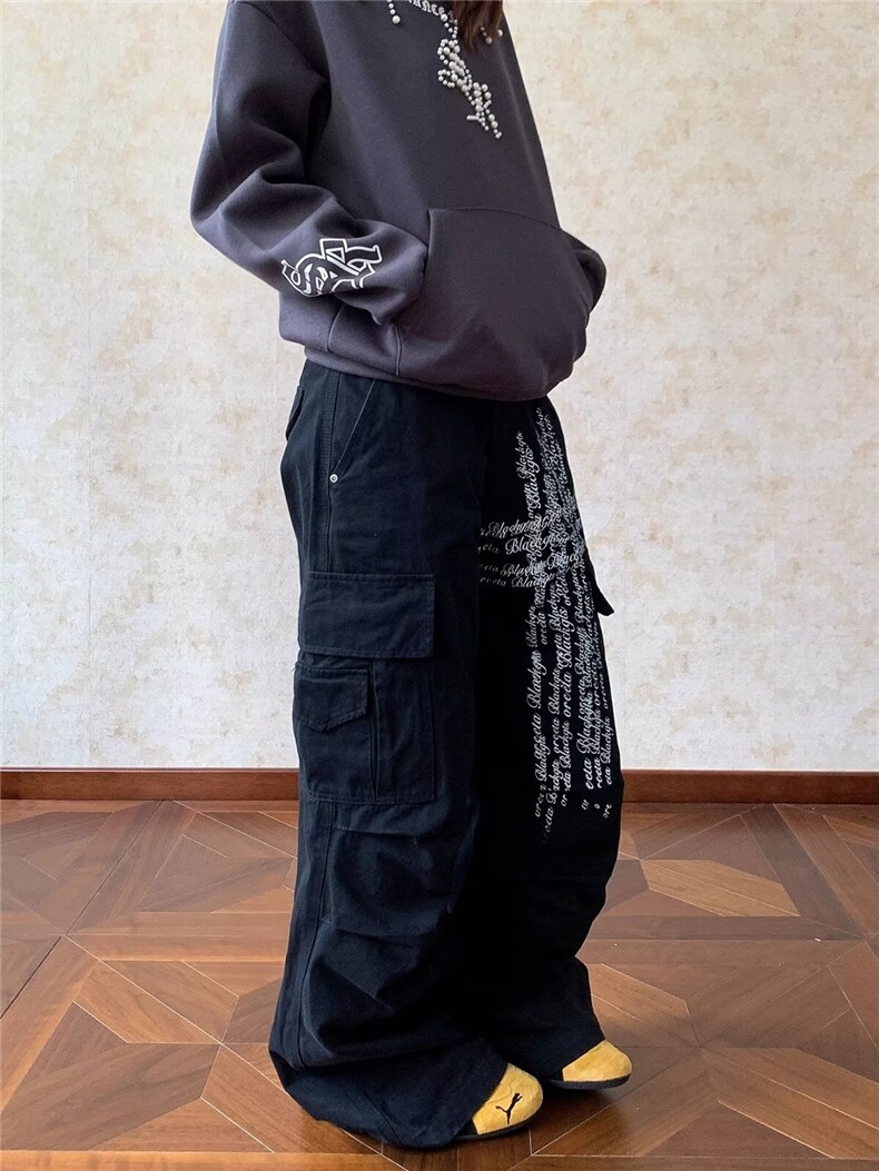 美式复古慵懒松弛宽松字母印花百搭直筒裤男女休闲宽松阔腿拖地裤,男装休闲裤,四季星座505