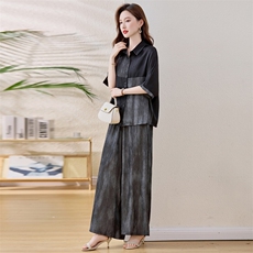 妈妈时尚休闲阔腿裤套装女夏大码宽松显瘦松弛感太撞色两件套，女装套装/套裙，魅衣本色