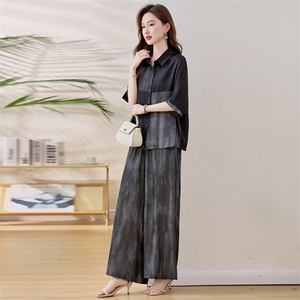 妈妈时尚休闲阔腿裤套装女夏大码宽松显瘦松弛感太撞色两件套图片