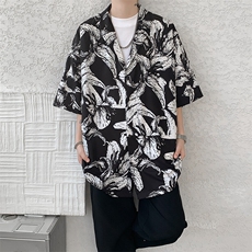 8XL-M冰丝凉感衬衣垂感透气复古花纹宽松男五分袖短袖衬衫CS526，男装T恤，电商D206-1