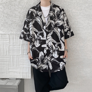 8XL-M 冰丝凉感衬衣垂感透气复古花纹宽松男五分袖短袖衬衫CS526图片