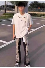 时尚慵懒ins简约新款弹力泼墨微喇牛仔裤原宿潮流情侣款牛仔裤子，男装牛仔裤，星座302B