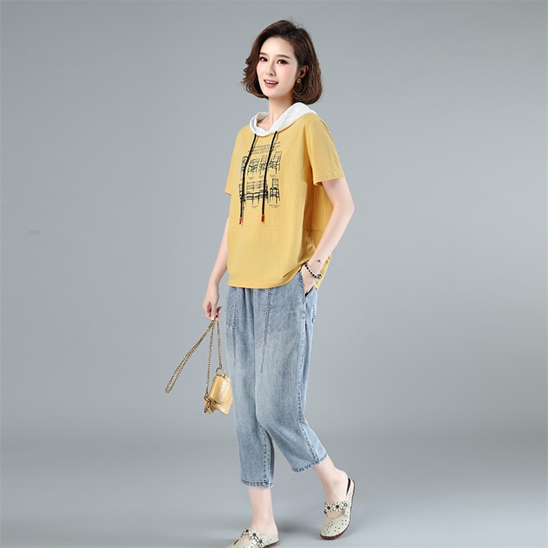夏装新款宽松短袖印花连帽休闲时尚套装女时髦洋气韩版,女装套装/套裙,独衣靓