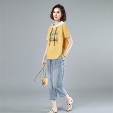 夏装新款宽松短袖印花连帽休闲时尚套装女时髦洋气韩版，女装套装/套裙，独衣靓