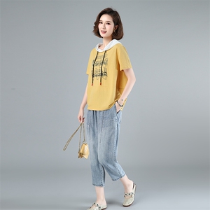 夏装新款宽松短袖印花连帽休闲时尚套装女 时髦 洋气韩版图片