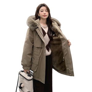 韩版加厚兔绒连帽派克棉服女2025年冬季新款收腰显瘦保暖工装棉衣图片