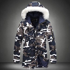 冬装男士迷彩连帽中长款棉服大衣加肥加大码毛领外套男潮 C044P80图片