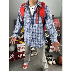 扎染格子衬衫男高级感痞帅外套cleanfit格纹长袖衬衣WLB422-P38