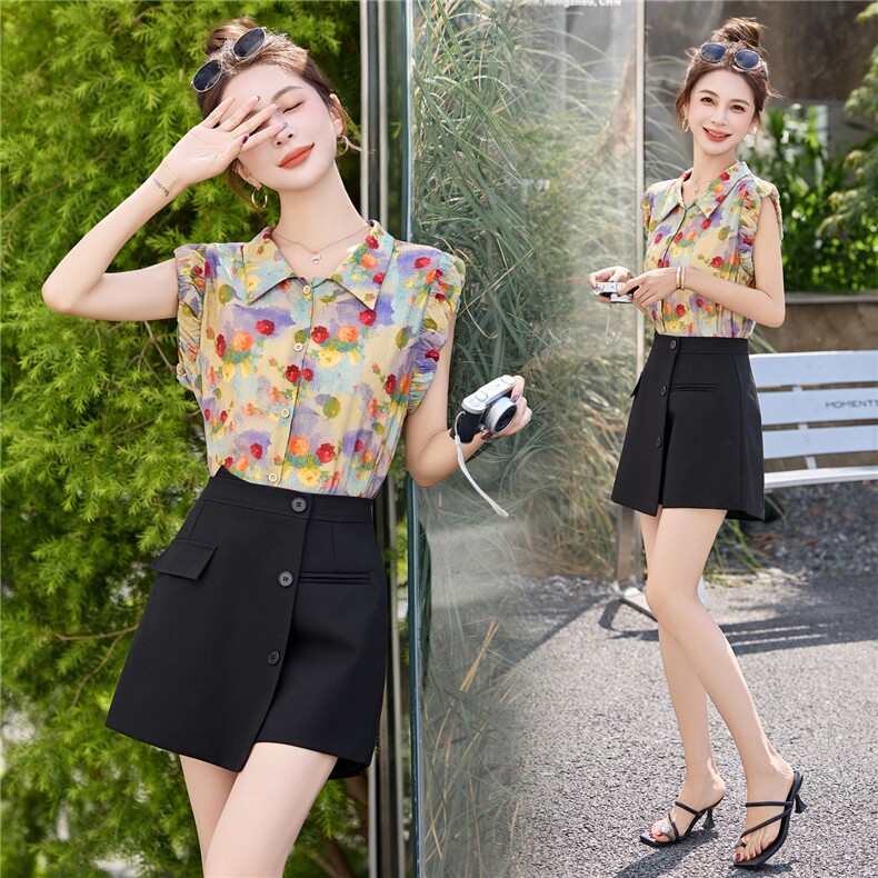 港风复古时尚套装女2025夏新款无袖印花衬衣显瘦A字短裙裤两件套，女装套装/套裙，意芙