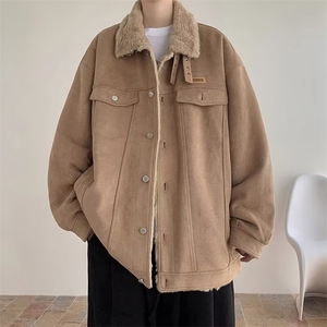 现货鹿皮绒加绒棉服羊羔毛外套男冬季加绒保暖工装棉衣冬装棉服潮图片