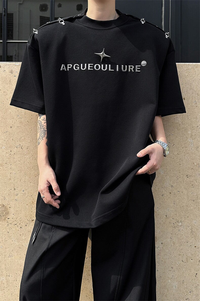 8XL-M夏季小众解构飞机扣一字肩设计稿短袖立体T恤卫衣男DX331P58,男装T恤,电商D206-1