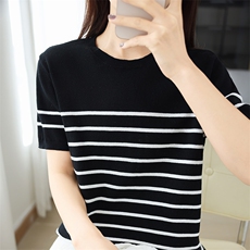 时尚简约百搭舒适纯棉黑白间色条纹短袖，女装T恤，玛莎羊绒
