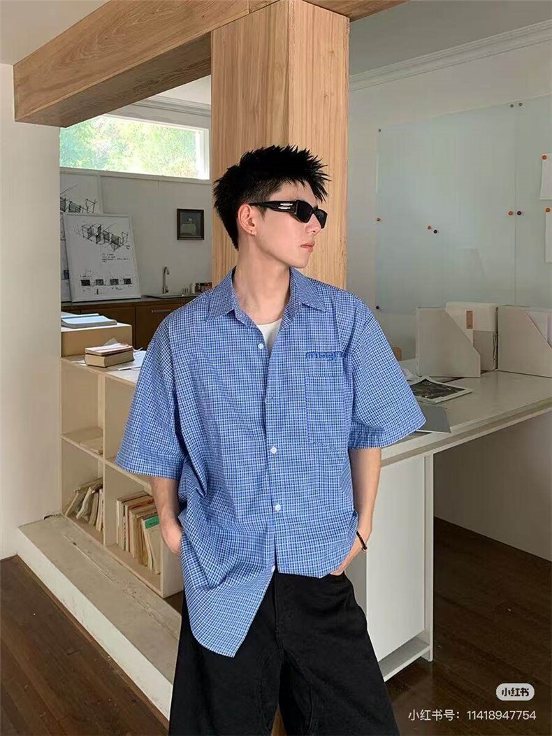 刺绣美式潮牌复古宽松蓝色格子短袖衬衫情侣休闲刺绣衬衣,男装T恤,星座613