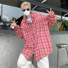 韩版复古褶皱格子衬衫男生夏季休闲宽松轻薄透气长袖衬衣外套，男装衬衫，星座716-4