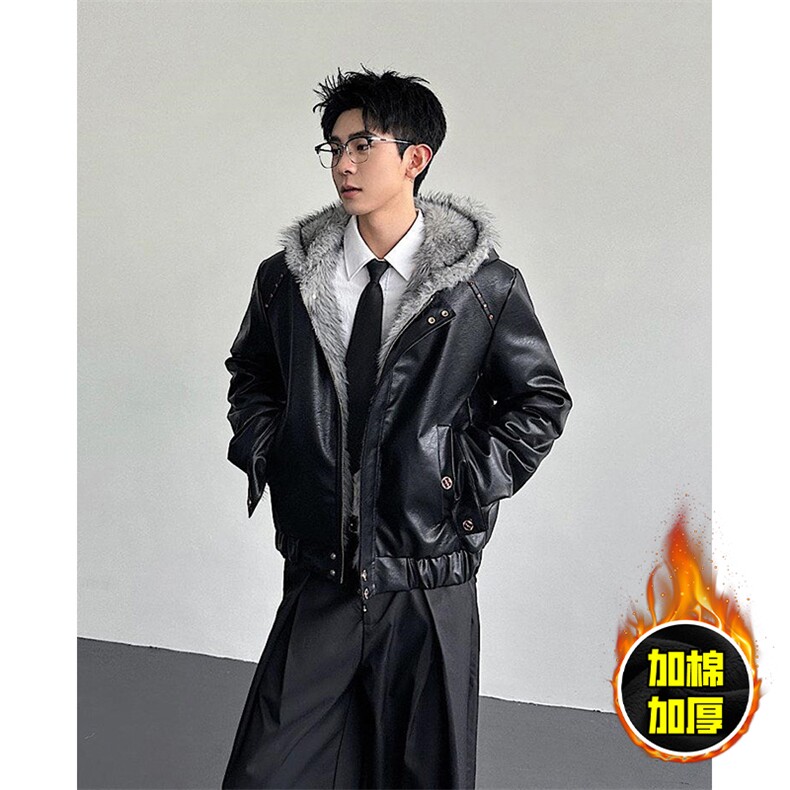 现货冬季美式潮牌痞帅PU皮机车服棉衣毛毛绒狼王座山雕皮棉服图片