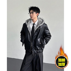 现货冬季美式潮牌痞帅PU皮机车服棉衣毛毛绒狼王座山雕皮棉服图片