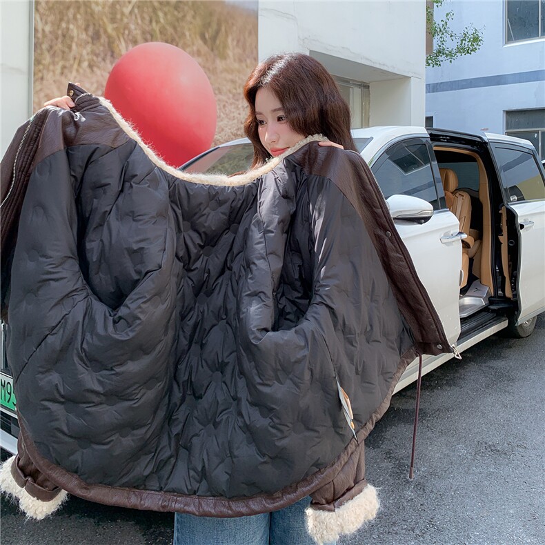 超柔PU皮白鸭绒羽绒内胆羊羔毛领羽绒服1D066-99846-P285-K385,女装羽绒服,1D066-1