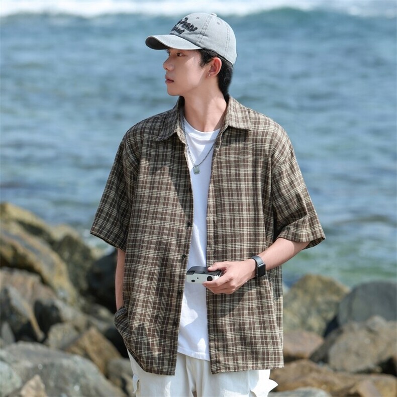新款跨境专版宽松潮流长袖格子衬衫男,男装衬衫,星座1107-1