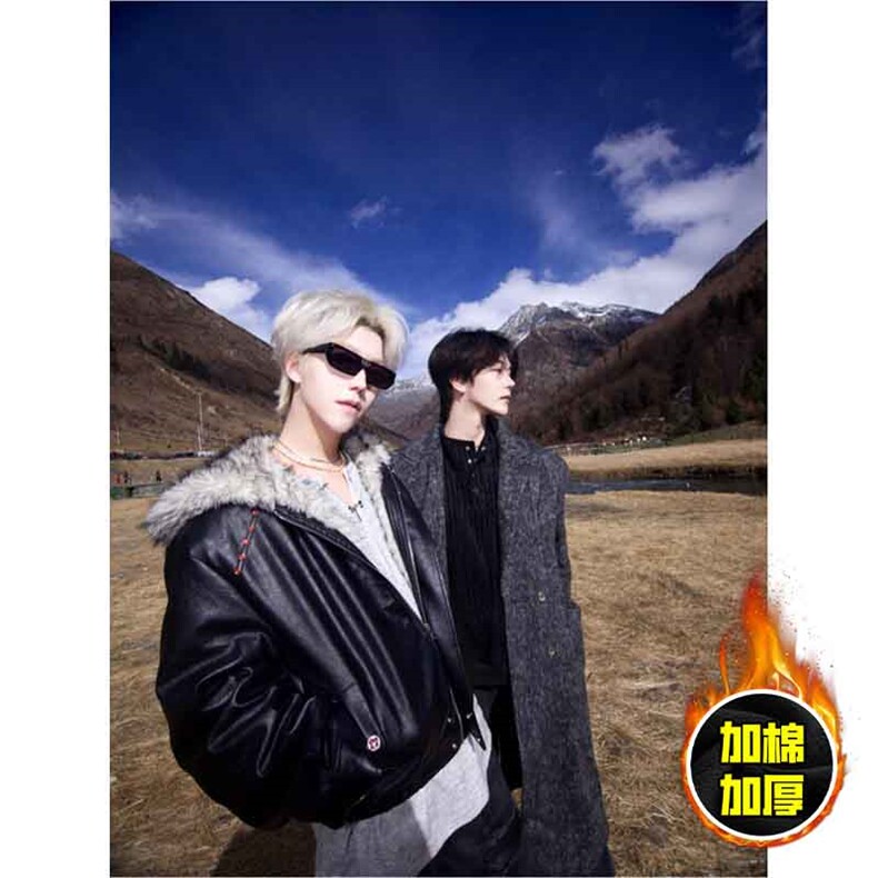 现货冬季美式潮牌痞帅PU皮机车服棉衣毛毛绒狼王座山雕皮棉服，男装棉衣，电商A443