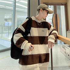 B143-P452024新款冬季圆领针织衫外套男套头慵懒条纹拼接毛衣，男装针织衫/毛衣，星座512-6