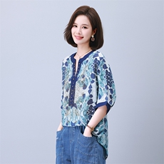 时尚宽松拼接印花镶钻短袖上衣优雅显瘦百搭女衬衫，女装衬衫，叶笙衣