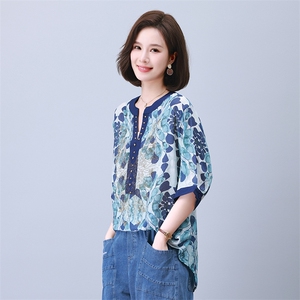 时尚宽松拼接印花镶钻短袖上衣 优雅显瘦百搭女衬衫图片
