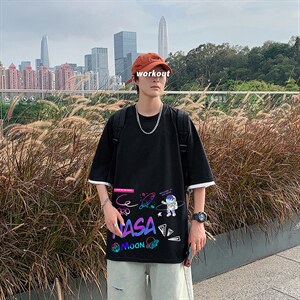 反光太空人短袖T恤男潮牌ins夏季假两件衣服潮流宽松半袖美式复古图片
