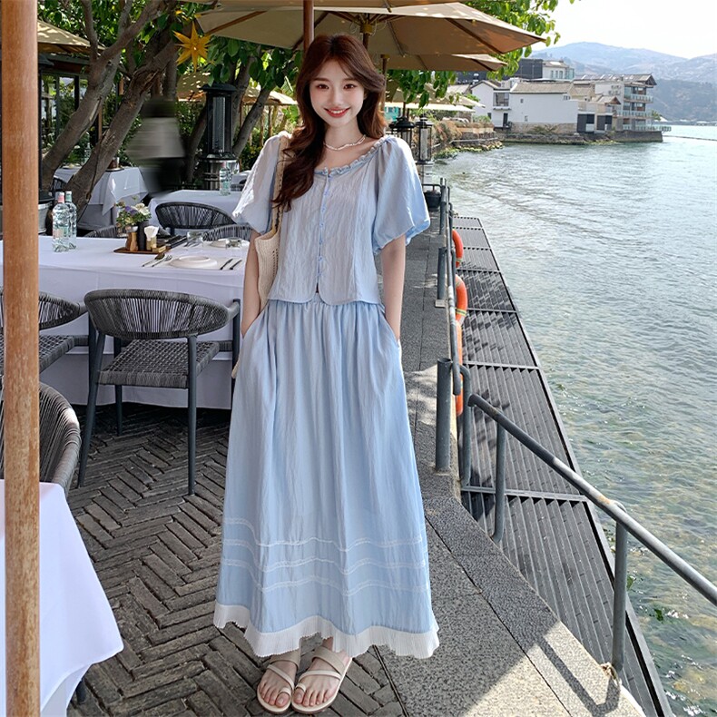蓝色简约大方休闲套装裙女2025夏新款超好看甜美上衣半身裙两件套,女装套装/套裙,浙宝220