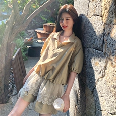 休闲运动工装蕾丝短袖卫衣短裤套装女夏季小个子两件套爆款高级感，女装套装/套裙，2D143