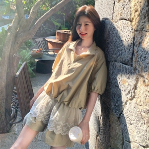休闲运动工装蕾丝短袖卫衣短裤套装女夏季小个子两件套爆款高级感图片