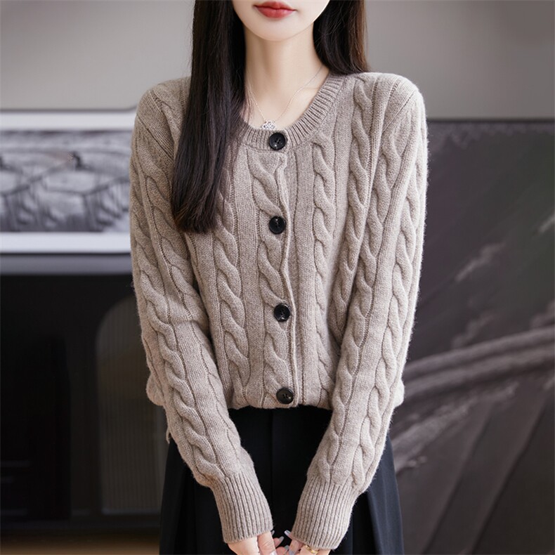高品质羊毛女士五针加厚麻花针织开衫时尚百搭温暖舒适,女装羊毛衫,朝思羊绒