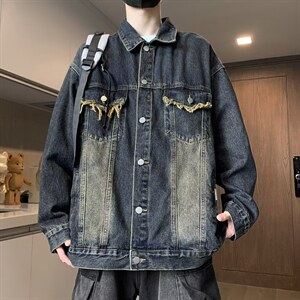 潮牌美式做旧水洗拼接牛仔外套男女复古宽松百搭夹克W016-P47网图，男装工装外套，电商B245