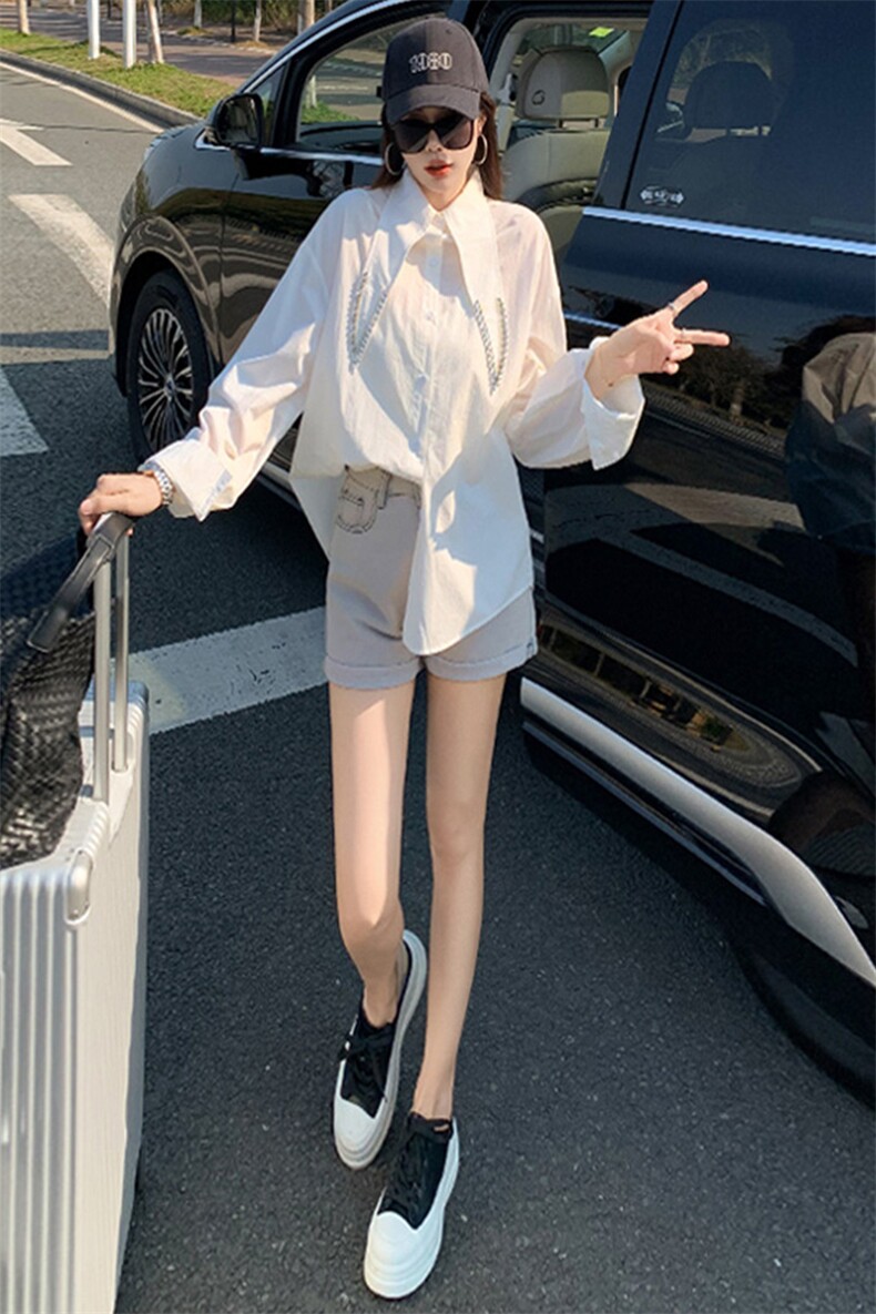韩版时尚运动休闲女装春季新款重工镶钻尖领宽松显瘦中长款衬衣潮,女装衬衫,2C310