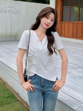 短袖螺纹棉t恤2024夏季新短款不规则下摆开叉设计感小众v领上衣装，女装T恤，鑫慧