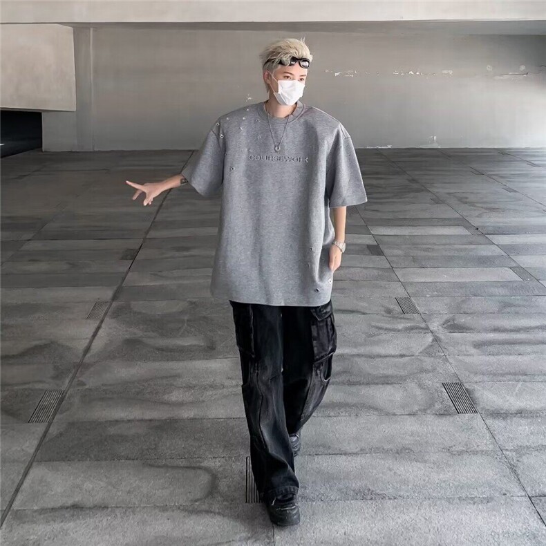 夏季新款重磅痞帅潮牌设计感小众宽松半袖T恤-T09,男装T恤,星座1002-2