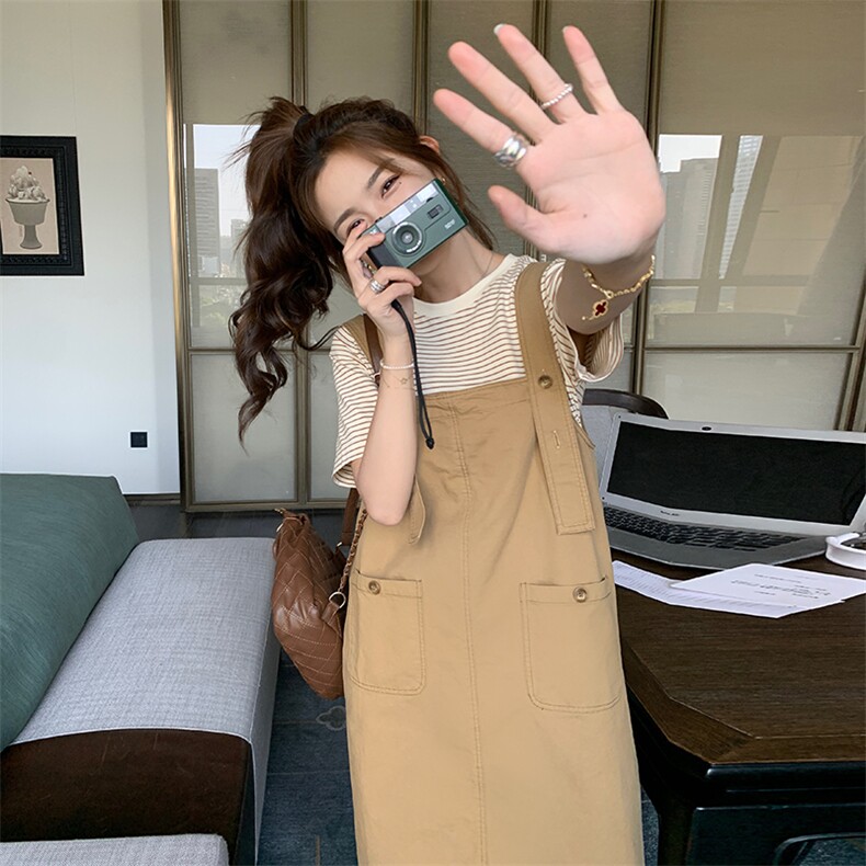 休闲气质卡其色背带裙连衣裙女夏2025新款小个子学院风时尚超好看,女装套装/套裙,2C053