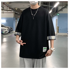 美式复古七分袖t恤男oversize打底衫胖子加肥加大码咖色拼接短袖，男装T恤，星座909-2（原星座717-2）