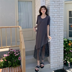 法式温柔风网纱拼接短袖连衣裙女2025夏季新款时尚气质显瘦长裙潮，女装连衣裙，2C216