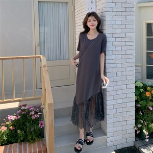 法式温柔风网纱拼接短袖连衣裙女2025夏季新款时尚气质显瘦长裙潮图片