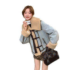 韩系设计感羊羔毛大翻领牛仔外套女2024冬季新款加绒加厚休闲上衣图片