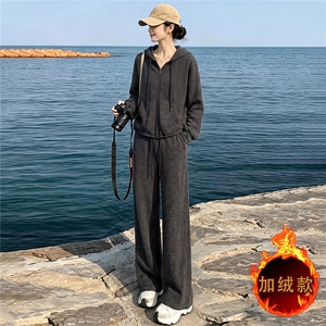女秋冬季新款时尚慵懒风套装黑色开衫连帽长袖套装阔腿长裤两件套图片