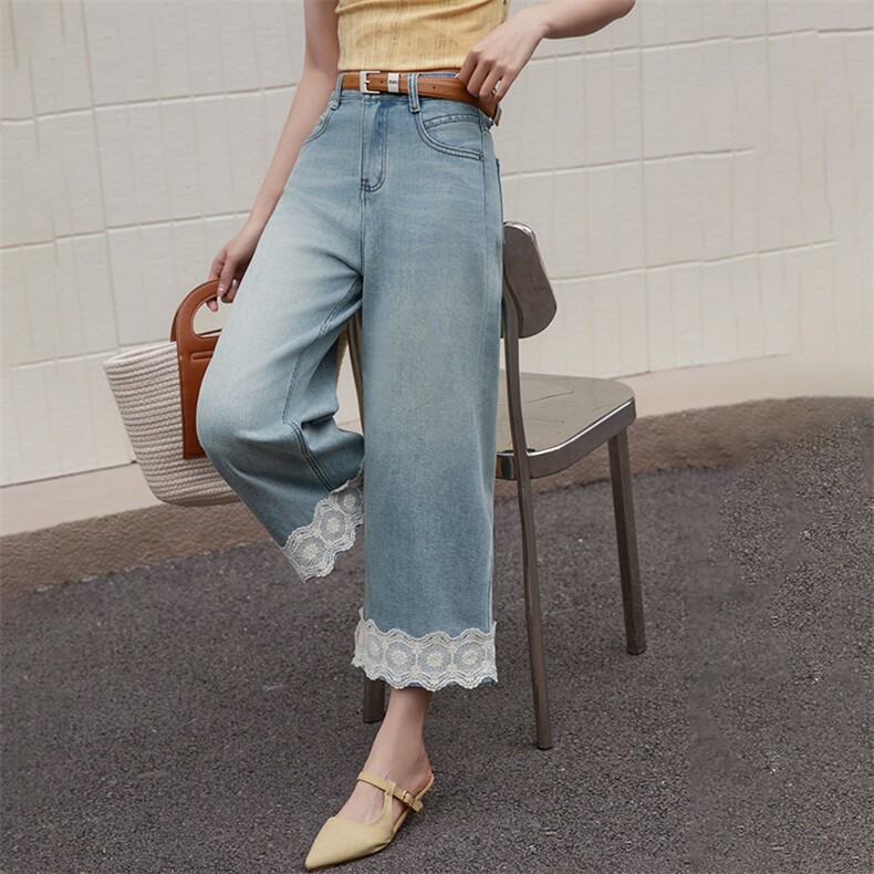 韩系复古蕾丝拼接牛仔阔腿裤女2025春季新款洋气百搭高腰直筒裤子，女装牛仔裤，跑量工厂店