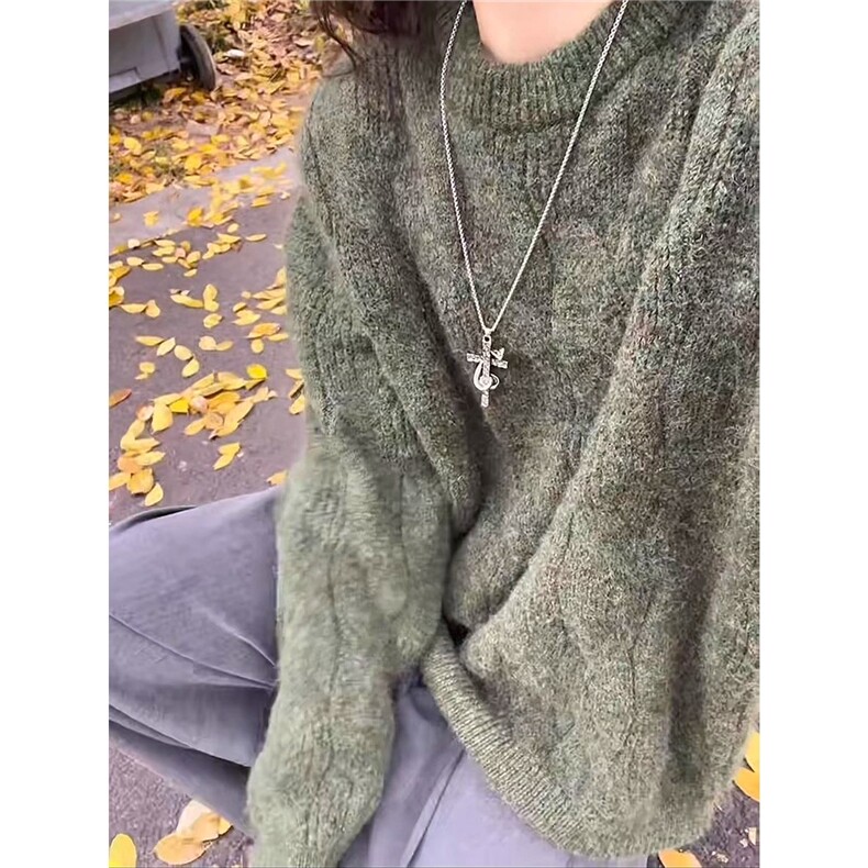 墨绿色麻花编织毛衣男秋冬松弛感慵懒风针织衫绞花内搭叠穿毛线衣,男装针织衫/毛衣,星座506A