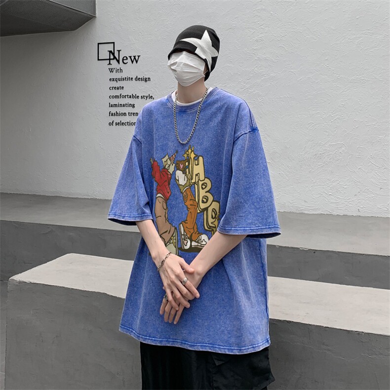 B239-1169-P38卡通人物创意印花美式复古水洗做旧重磅短袖T恤,男装T恤,星座514-2(原B239)