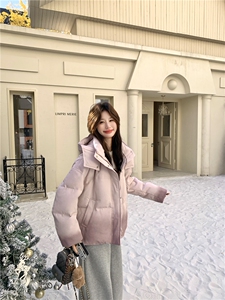 粉色渐变设计感短款连帽羽绒服女90白鸭绒外套图片