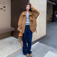 美拉德复古驼色麂皮绒外套女2025秋季慵懒风宽松机车炸街夹克上衣，女装短外套，2C159